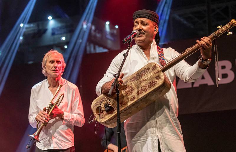 French trumpeter Erik Truffaz performs with Moroccan Gnawa musician Hamid El Kasri, on the Jazzablanca main stage. Photo: Sife Elamine