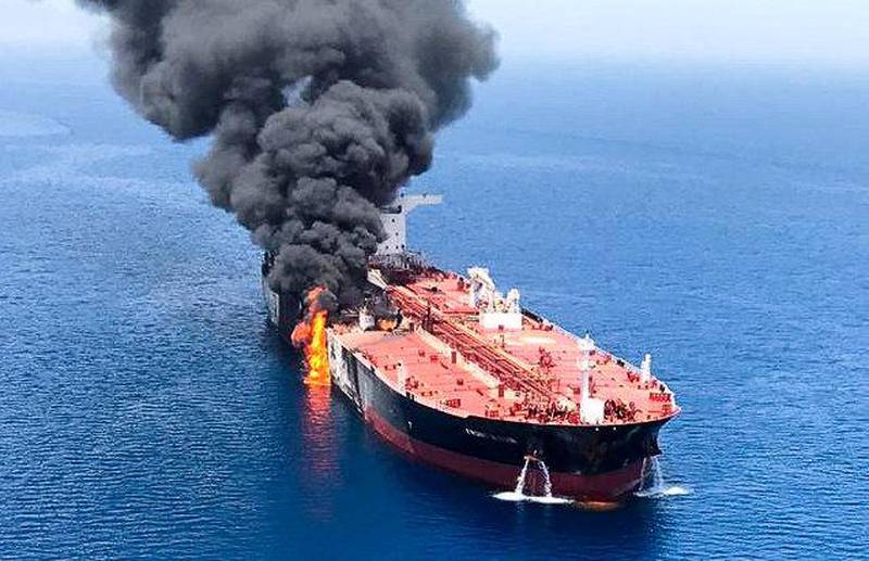 An oil tanker is seen after it was attacked at the Gulf of Oman, June 13, 2019. ISNA/Handout via REUTERS ATTENTION EDITORS - THIS IMAGE WAS PROVIDED BY A THIRD PARTY. NO RESALES. NO ARCHIVES
