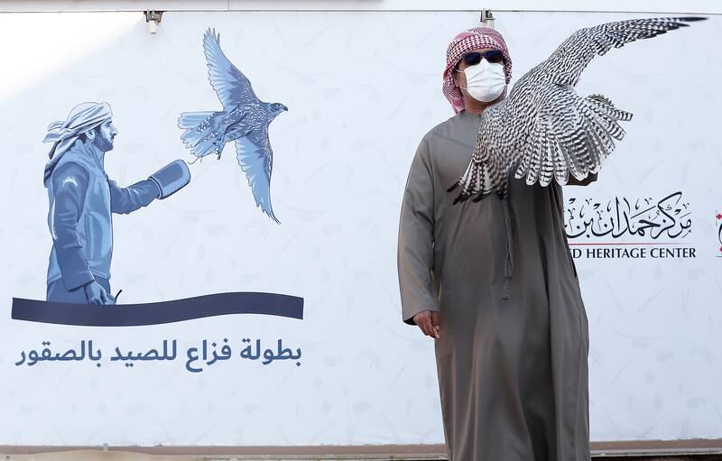 Ahmed Saif Al Maqoodi with his falcon taking part in the Pure Jeer races during the Fazza Falconry Championship 2022 held at Ruwayyah desert area in Dubai. Participants from GCC countries are taking part in the Fazza Falconry Championship 2022, which is sponsored by Sheikh Hamdan bin Mohammed, Crown Prince of Dubai.