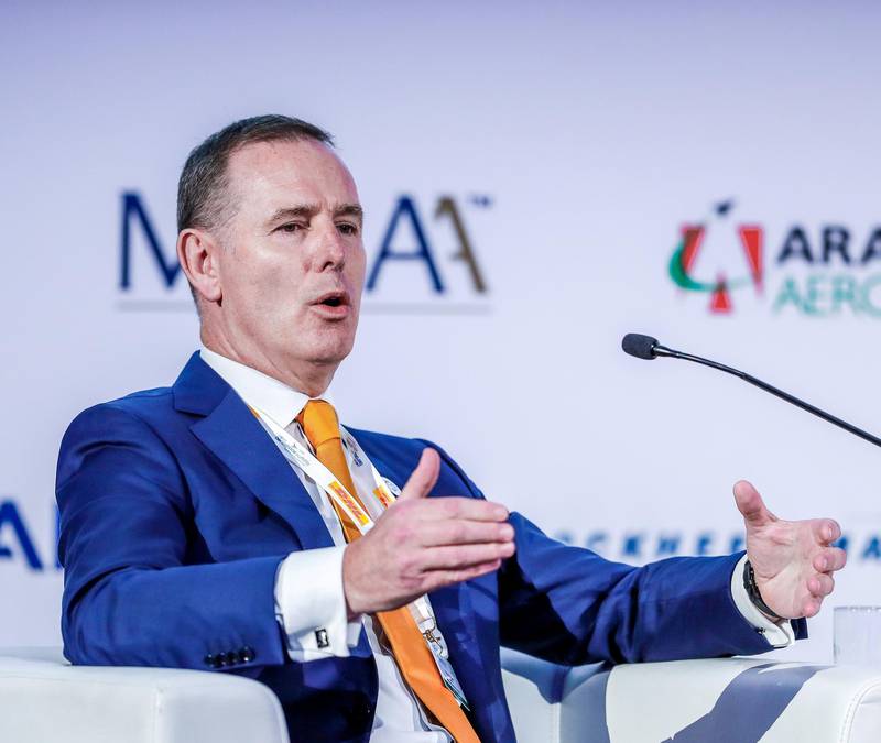 Abu Dhabi, St. Regis Hotel, April 30, 2018.  Global Aerospace Summit.  Tony Douglas, Group CEO, Etihad Aviation Group answers some questions given by the moderator,  Ivan Gale, Associate Director, Government and IndustryEngagement, Boeing International.Victor Besa / The NationalBusinessReporter:  Deena Kamel Yousef