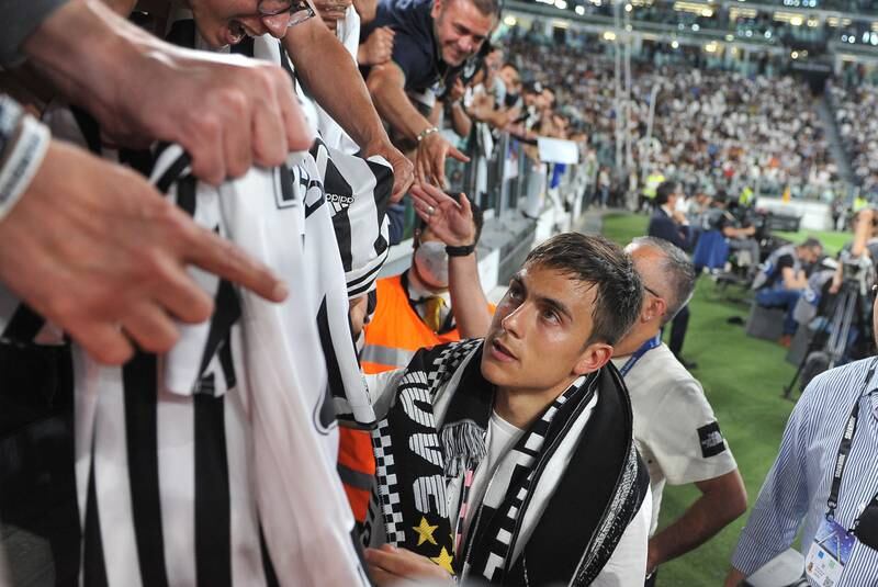 Juventus' Paulo Dybala greets the fans after playing his last home match at the Allianz Arena in Turin. EPA