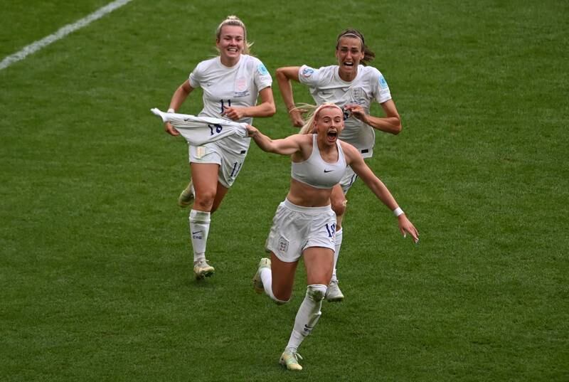 England's Chloe Kelly celebrates scoring the winner. EPA