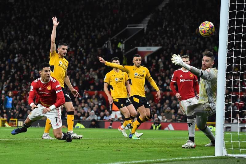 Manchester United's Cristiano Ronaldo scores a goal during the Premier League match against Wolves that was later disallowed in January, 2022. EPA