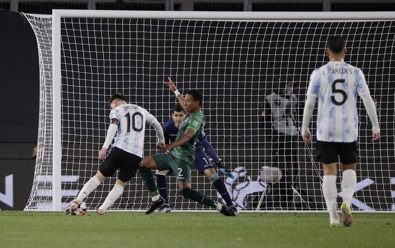 Argentina's Lionel Messi scores their second goal. Reuters