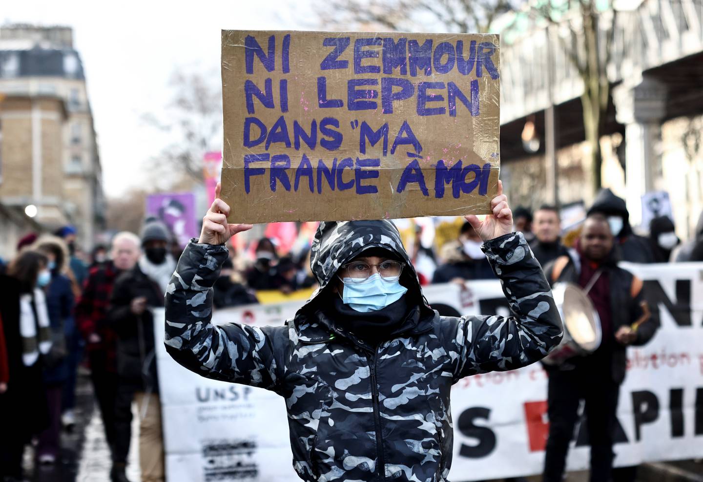 A protester during a demonstration against French far-right commentator Eric Zemmour, a candidate in the 2022 French presidential election, in Paris, France, on December 5, 2021. Reuters