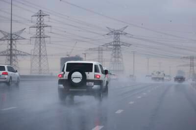 Motorists on a road in the January rain in Al Quoz, Dubai. Khushnum Bhandari / The National