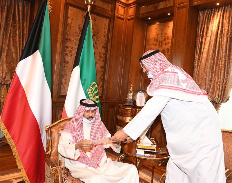 Kuwait’s Emir Sheikh Nawaf is notified of the government’s resignation by Prime Minister Sheikh Sabah Al Sabah. Photo: Kuna