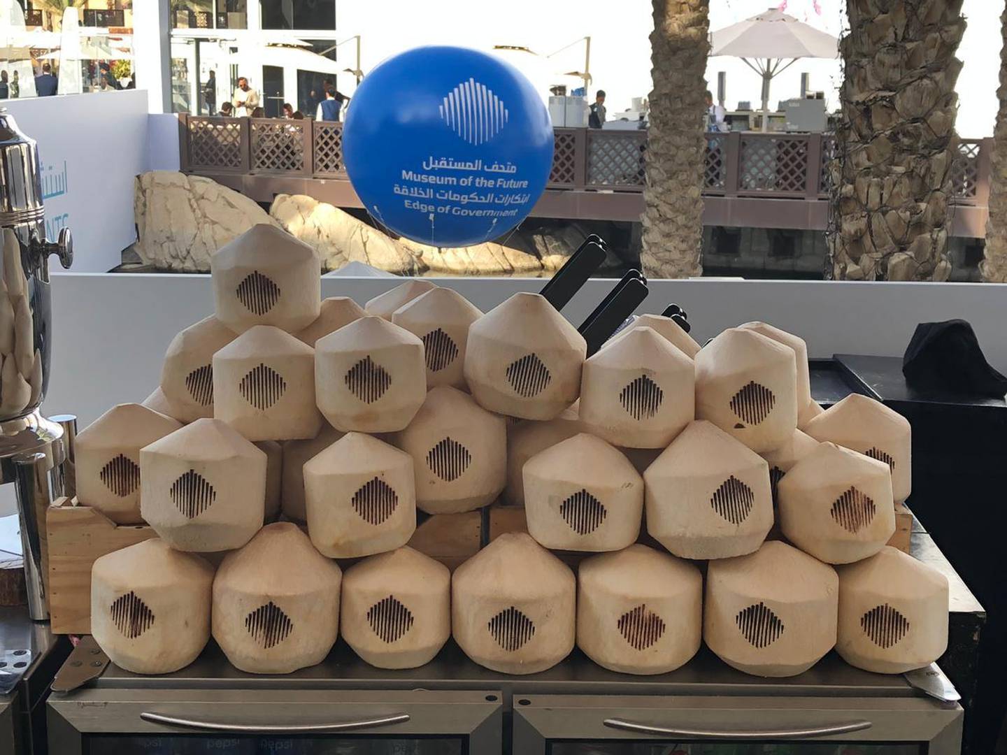 A stack of coconuts offering compostable hydration to attendees at the World Government Summit. Chris Whiteoak / The National