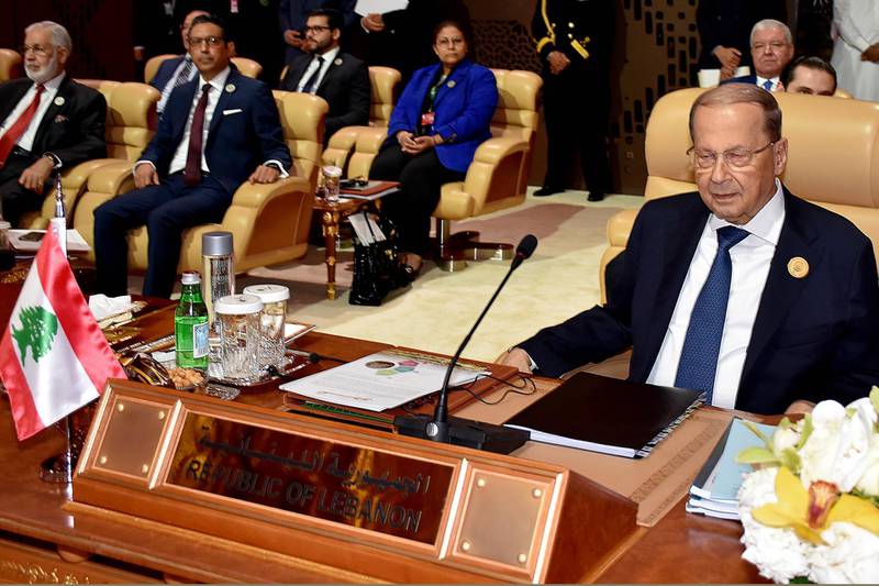 Lebanese President Michel Aoun attends the 29th Arab Summit, in Dhahran, Saudi Arabia, on April 15, 2018. EPA