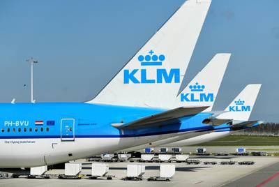 FILE PHOTO: KLM airplanes are seen parked at Schiphol Airport in Amsterdam, Netherlands, April 2, 2020. REUTERS/Piroschka van de Wouw/File Photo/File Photo