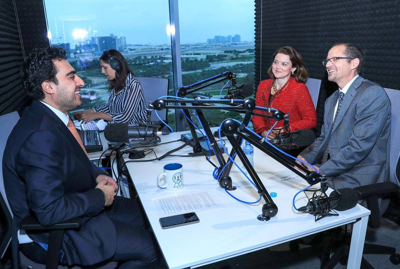 Abu Dhabi, U.A.E., February 12, 2019. Podcast interview with  Jeff Maggioncalda, Chief Executive Officer of Coursera and Solveig Nicklos, Dean, Abu Dhabi School of Government by Mustafa Alrawi. Assistant Editor-in-Chief, The National.
Victor Besa/The National
Section:  NA
Reporter:   Mustafa AlRawi