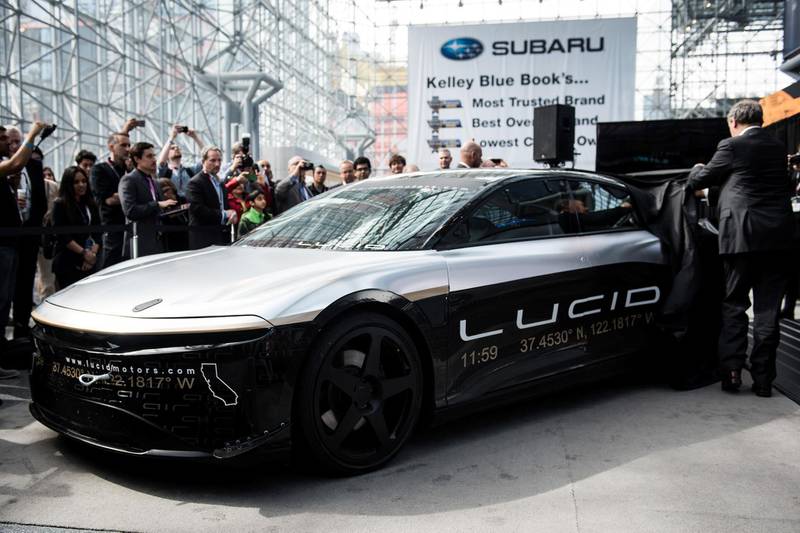 The Lucid Motors Inc. Alpha Speed Car is unveiled after completing a 217mph test in Ohio ahead of the 2017 New York International Auto Show (NYIAS) in New York, U.S., on Thursday, April 13, 2017. The New York International Auto Show, North America's first and largest-attended auto show dating back to 1900, showcases an incredible collection of cutting-edge design and extraordinary innovation. Photographer: Mark Kauzlarich/Bloomberg