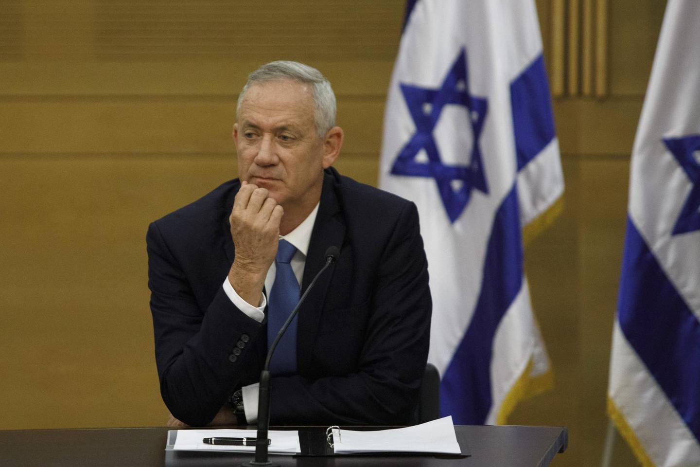 Benny Gantz, leader of the Blue and White party, pauses during a faction meeting at the Knesset in Jerusalem, Israel, on Monday, Oct. 28, 2019. Benny Gantz, the biggest threat to Benjamin Netanyahu’s record-breaking rule, was assigned Wednesday night to form Israel’s next government and end the political paralysis that has gripped the country for nearly a year. Photographer: Kobi Wolf/Bloomberg