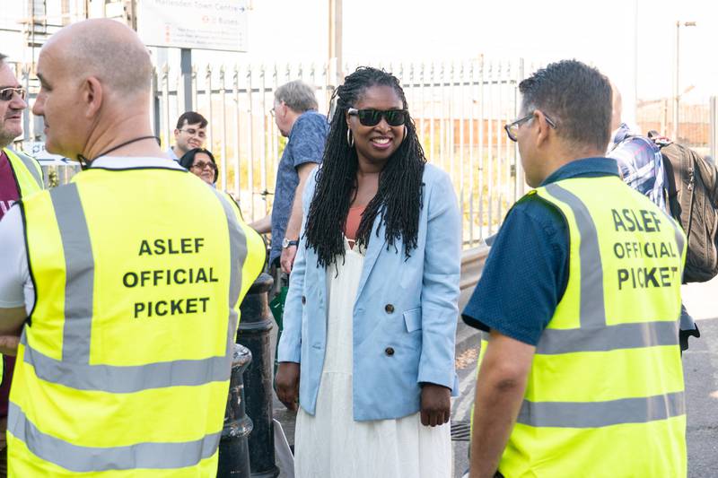 Labour MP Dawn Butler on an Aslef picket line outside Willesden Junction Station in London, as members of the train drivers union from nine different operating companies walk out for 24 hours over pay. 