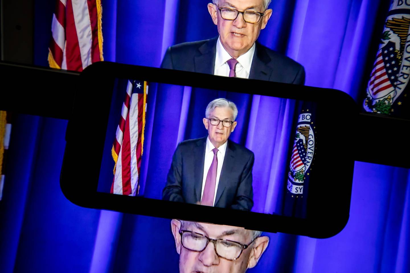 Jerome Powell, chairman of the US Federal Reserve, announces the 0.25 per cent rise in interest rates to tackle rising inflation. Bloomberg
