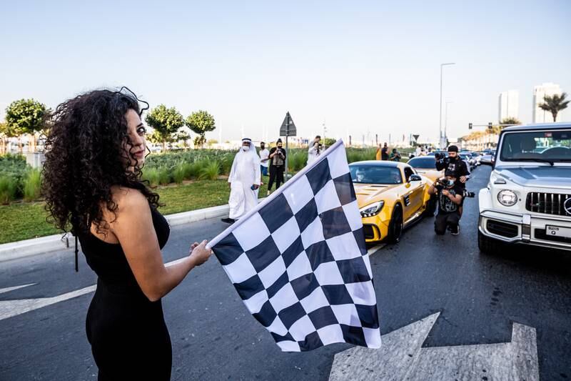 Noor Daoud, the Middle East’s first female drift racer, flagged the convoy off at Dubai Harbour. Photo: No Filter Dubai