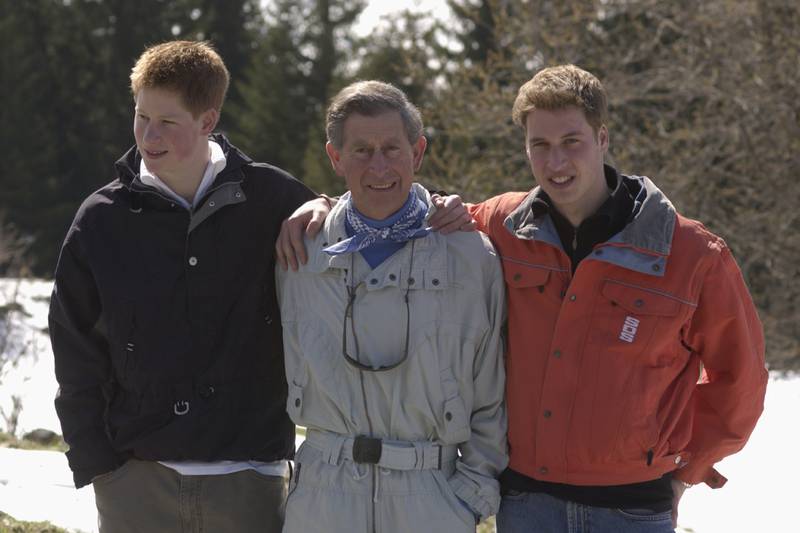 2002: Prince Charles and his sons William and Harry in the Swiss village of Klosters at the start of his annual skiing holiday in the Alps. Getty Images