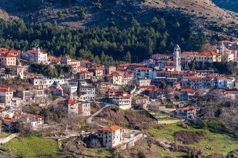 The mountain village of Dimitsana in central Peloponnese, Greece. The village was at the forefront of the Greek Revolution of 1821 and is now a famous winter tourist destination. Getty Images
