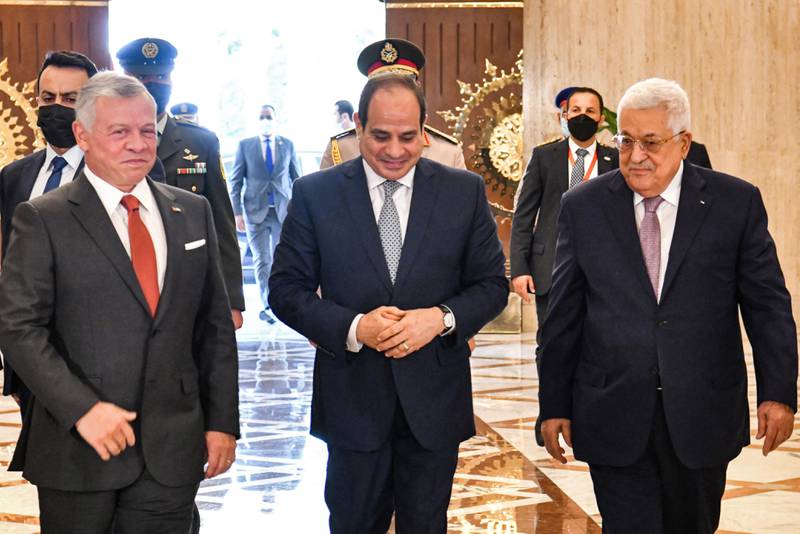 From left, Jordan's King Abdullah II, Egypt's President Abdel Fattah El Sisi and Palestinian President Mahmoud Abbas. AFP