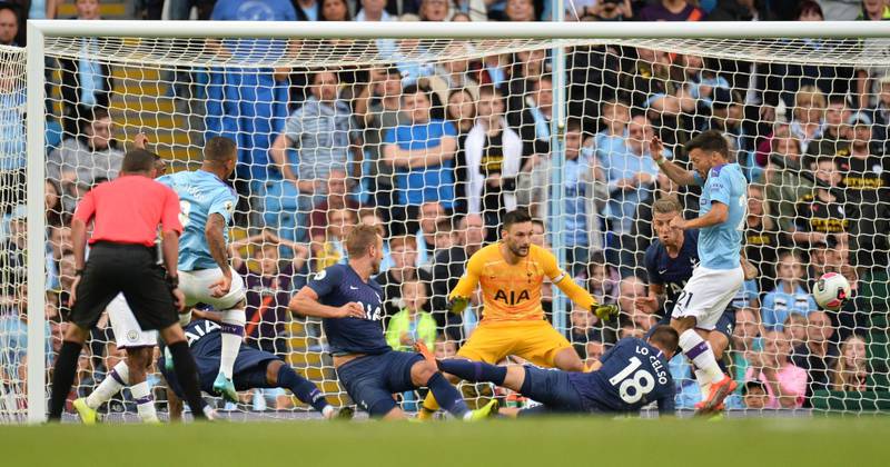 Manchester City's Gabriel Jesus (L) scores a goal that was later disallowed during the English Premier League soccer match between Manchester City and Tottenham Hotspurs at the Etihad Stadium in Manchester, Britain.  EPA/