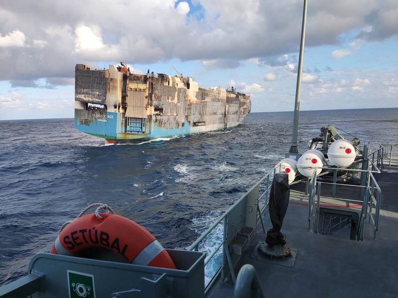 The fire-damaged 'Felicity Ace', which was travelling from Germany to the US, adrift 100 kilometres from Portugal's Azores. The vessel has now sunk. Reuters