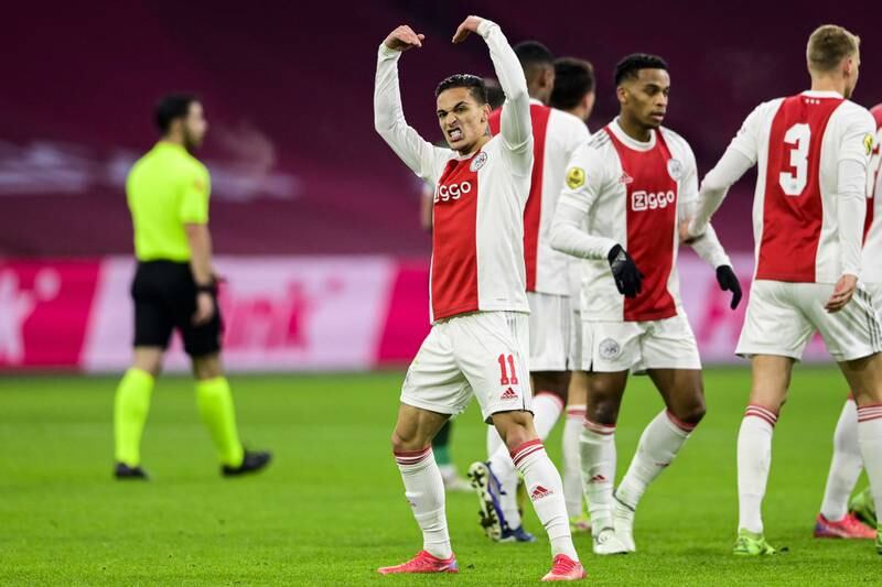 Antony of Ajax celebrates scoring against Fortuna Sittard in the Eredivisie  match at the  Johan Cruyff Arena in Amsterdam, in December, 2021. EPA 