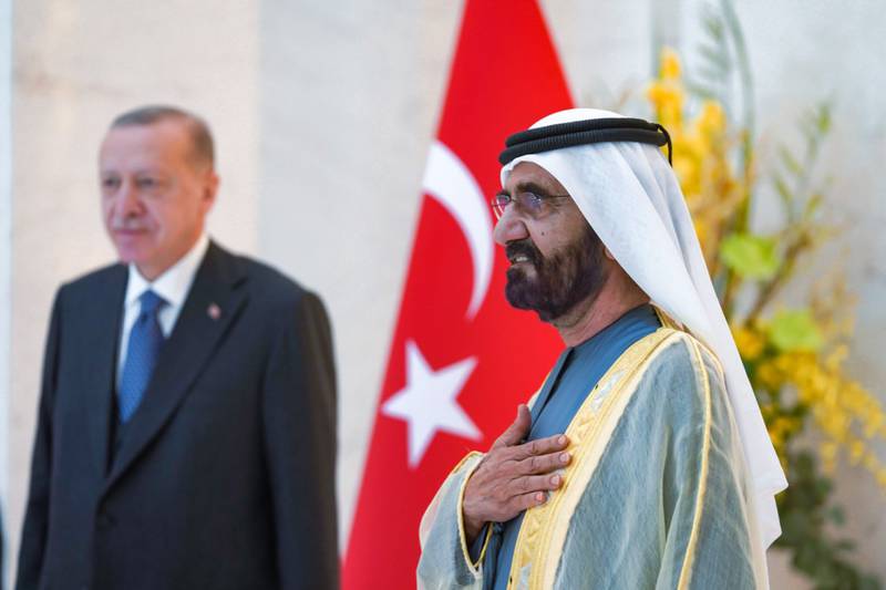 Sheikh Mohammed bin Rashid, Vice President and Ruler of Dubai, welcomes Recep Tayyip Erdogan, the Turkish President, to Expo 2020 Dubai. Photo: Dubai Media Office