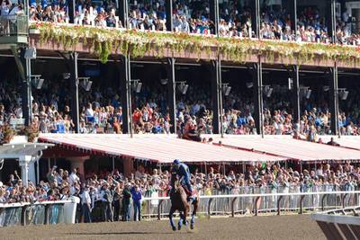 Fans watch Triple Crown winner American Pharaoh warm up at Saratoga Race Course on Friday for Saturday's Travers Stakes. Patrick Dodson /The Daily Gazette via AP