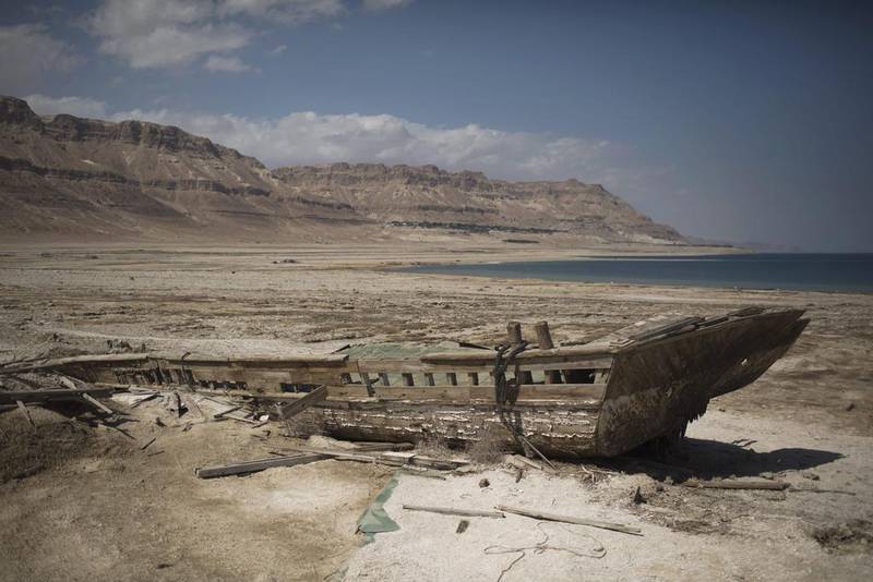 An abandoned tourist Boat shipwreck lying at the Dead Sea coastal resort.