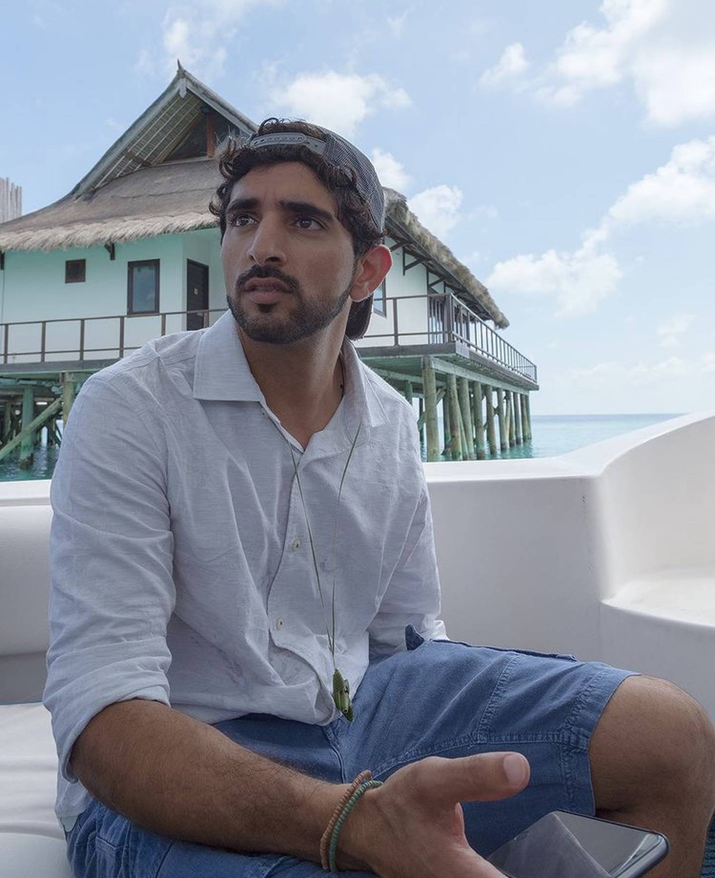 Sheikh Hamdan in the Maldives with the Indian Ocean in the background. Photo: Instagram / @faz3
