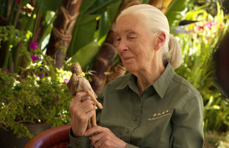 Primatologist Jane Goodall holding the new Barbie doll in her likeness. Reuters