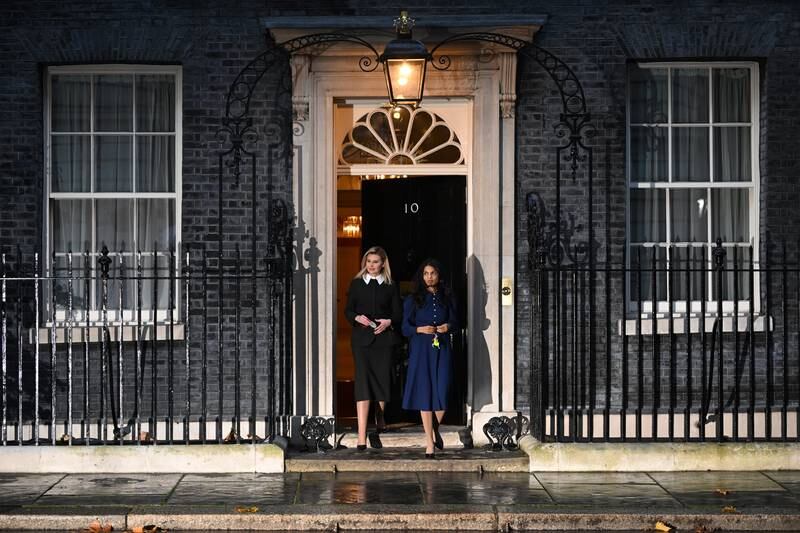 Ukraine's first lady Olena Zelenska and Akshata Murthy, wife of Prime Minister Rishi Sunak, met at No 10 Downing Street in London on Monday. Getty Images