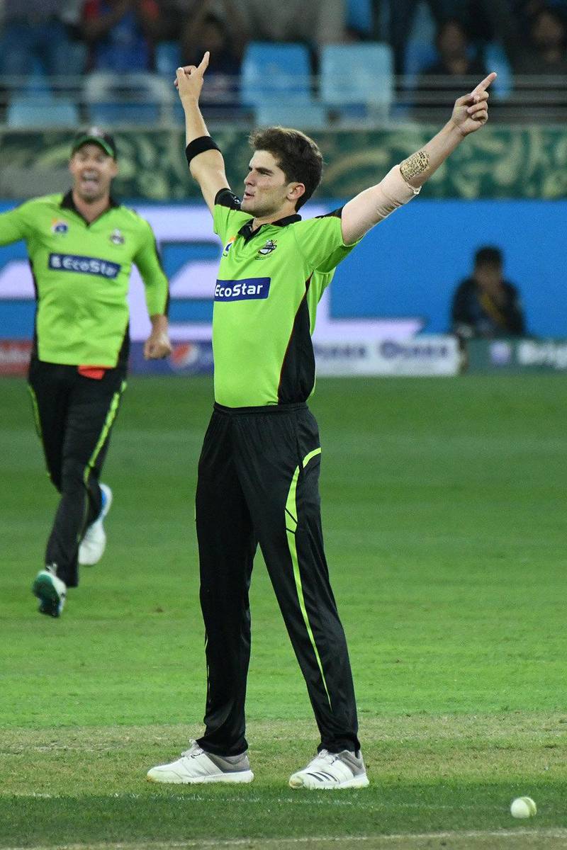 Lahore Qalanadars bowler Shaheen Afridi celebrates a Karachi wicket.