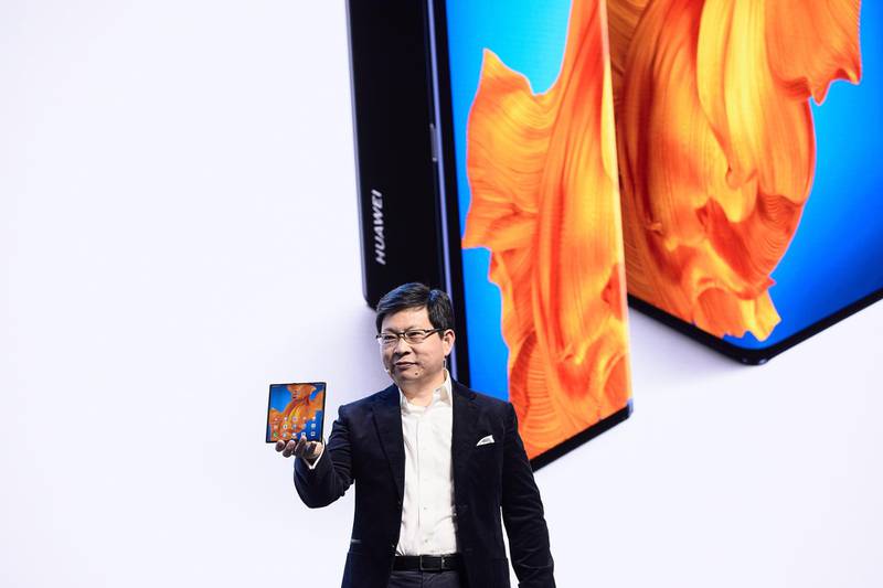 Richard Yu, chief executive of Huawei consumer business group, while unveiling the company's new foldable phone Mate Xs. Courtesy Huawei