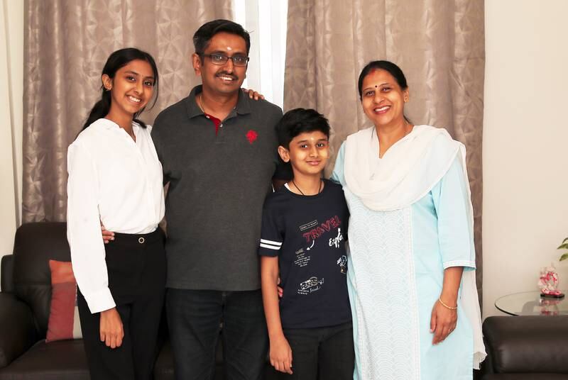 Radha Hari with her parents and brother Hari Prakash at her home in Dubai. 