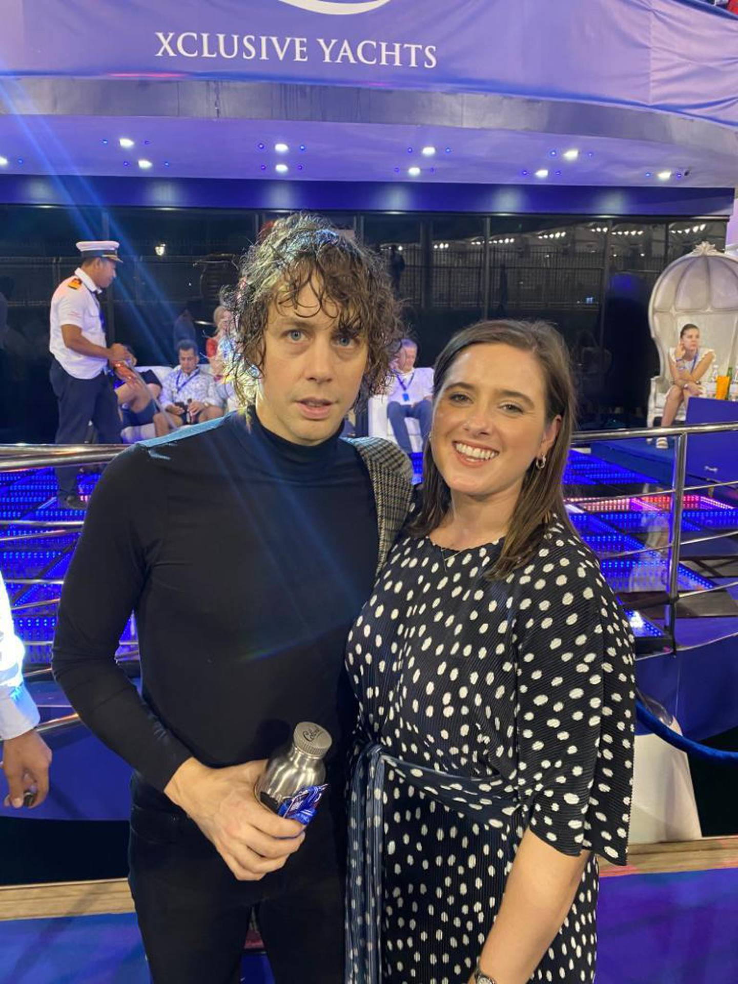 Razorlight's Johnny Borrell with The National's Farah Andrews in Yas Marina during the Abu Dhabi F1 weekend. 