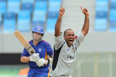 Arshad Ali, of UAE, appeals for LBW against a Namibia batsman in the final of the World Cricket League Division Two in Dubai yesterday.