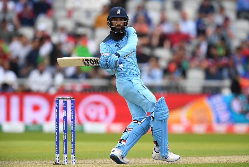 MANCHESTER, ENGLAND - JUNE 18: Moeen Ali of England in action batting during the Group Stage match of the ICC Cricket World Cup 2019 between England and Afghanistan at Old Trafford on June 18, 2019 in Manchester, England. (Photo by Clive Mason/Getty Images)