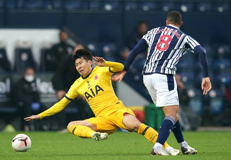 Tottenham Hotspur's Son Heung-min and West Bromwich Albion's Jake Livermore battle for the ball. PA