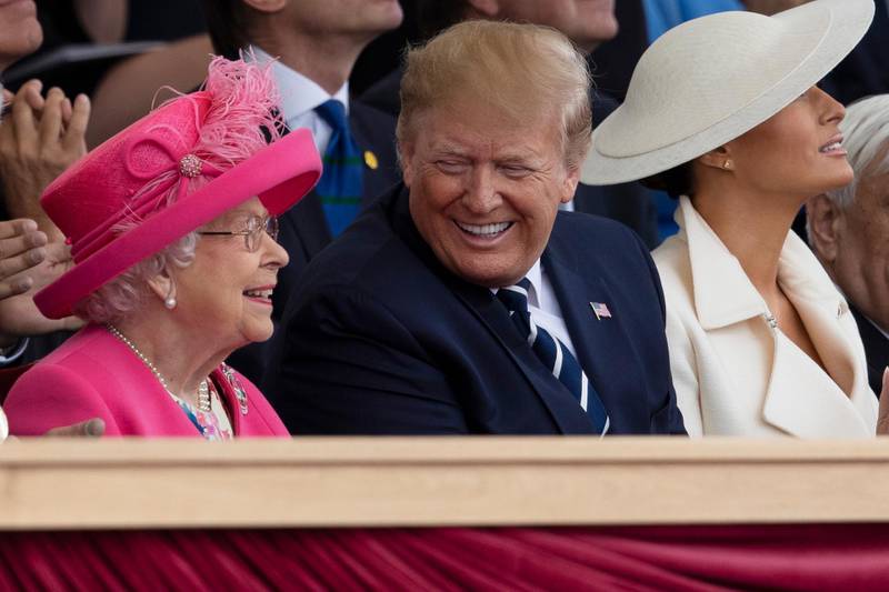 PORTSMOUTH, ENGLAND - JUNE 05:  President of the United States, Donald Trump and First Lady of the United States, Melania Trump sit with Queen Elizabeth II as they attend the D-Day Commemorations on June 5, 2019 in Portsmouth, England. The political heads of 16 countries involved in World War II joined Her Majesty, The Queen on the UK south coast for a service to commemorate the 75th anniversary of D-Day. Overnight it was announced that all 16 had signed a historic proclamation of peace to ensure the horrors of the Second World War are never repeated. The text has been agreed by Australia, Belgium, Canada, Czech Republic, Denmark, France, Germany, Greece, Luxembourg, Netherlands, Norway, New Zealand, Poland, Slovakia, the United Kingdom and the United States of America. (Photo by Dan Kitwood/Getty Images)