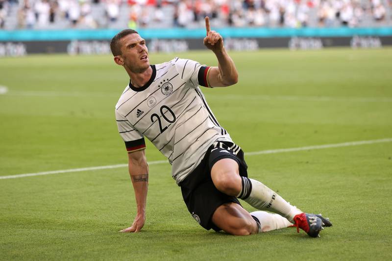 Robin Gosens - 9: Denied acrobatic early goal when Gnabry was caught offside. First time volleyed cross-come shot was turned into own net by Dias and supplied quality ball into middle for Havertz goal. Headed home fourth himself in Man of the Match performance. Getty
