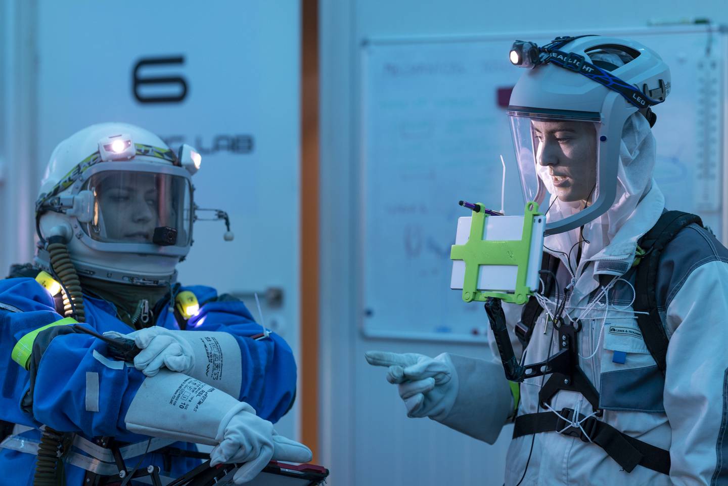 Egyptian analog astronaut Sara Sabry along with a colleague on an analog mission at the LunAres Research Station in Poland. As part of her training, Sabry, along with five others, spent three weeks underground at an old nuclear bunker to simulate the conditions of a moon landing. Photo: LunAres Research Station.