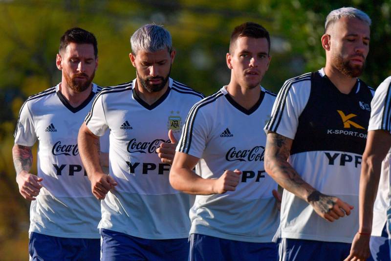 From left: Lionel Messi, Sergio Aguero, Giovani Lo Celso and Nicolas Otamendi train during a practice session in Belo Horizonte. AFP