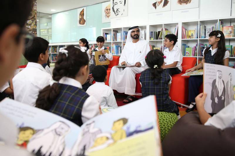Sheikh Mohammed bin Rashid, Vice President and Ruler of Dubai, reads his children’s book ‘Two Heroic Leaders’ to pupils on Wednesday.  Wam