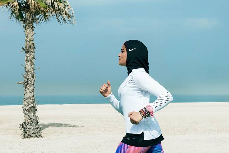 Manal Rostom, an Egyptian mountaineer, marathoner and Nike running coach, wears the new Nike Pro Hijab for female athletes. Courtesy of Nike. Courtesy of Nike