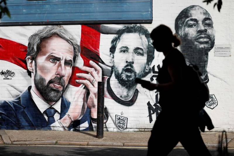 A mural showing England's manager Gareth Southgate, forward Harry Kane and Raheem Sterling has been painted at Vinegar yard in central London on July 13, 2021.