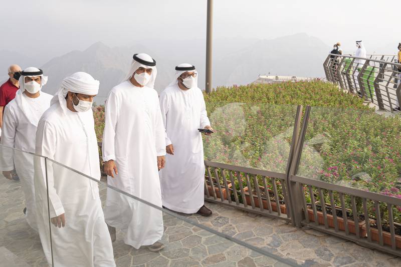 Sheikh Mohamed bin Zayed tours Al Suhub Rest Area with Mohamed Al Junaibi, director of the President's Protocol Office at the UAE Ministry of Presidential Affairs.