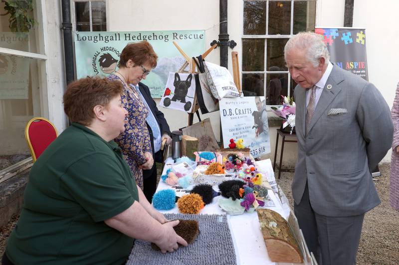 Prince Charles chats to volunteers from Loughgall Hedgehog Rescue at Lissan House. PA