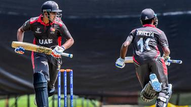 UAE's chase against Afghanistan faltered after the opening partnership between Aryan Lakra and Vriitya Aravind was broken at the Under 19 World Cup in South Africa. Courtesy ICC