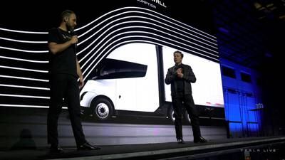 Tesla chief executive Elon Musk on stage with Dan Priestly, a senior manager at the company, during the unveiling of the Tesla Semi electric truck. All photos: Reuters